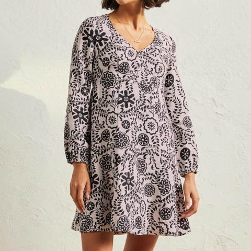 Boden V-Neck Flippy Mini Dress in "Opulent Garden" design - Ivory/Black